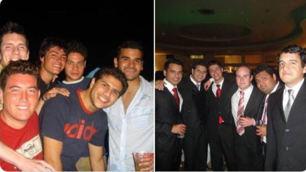 Dos fotografías de grupos de hombres durante reuniones sociales