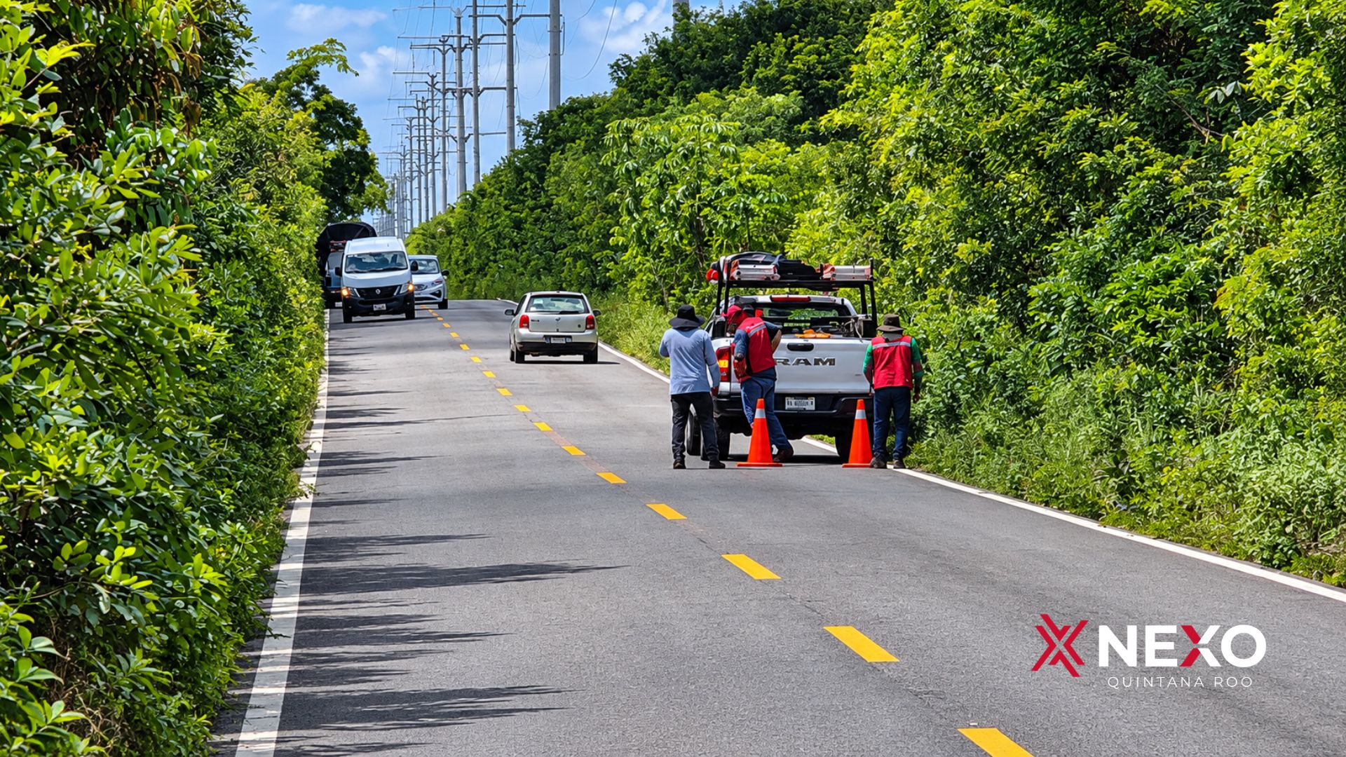 Trabajos de poda de CFE junto a la carretera federal en Felipe Carrillo Puerto