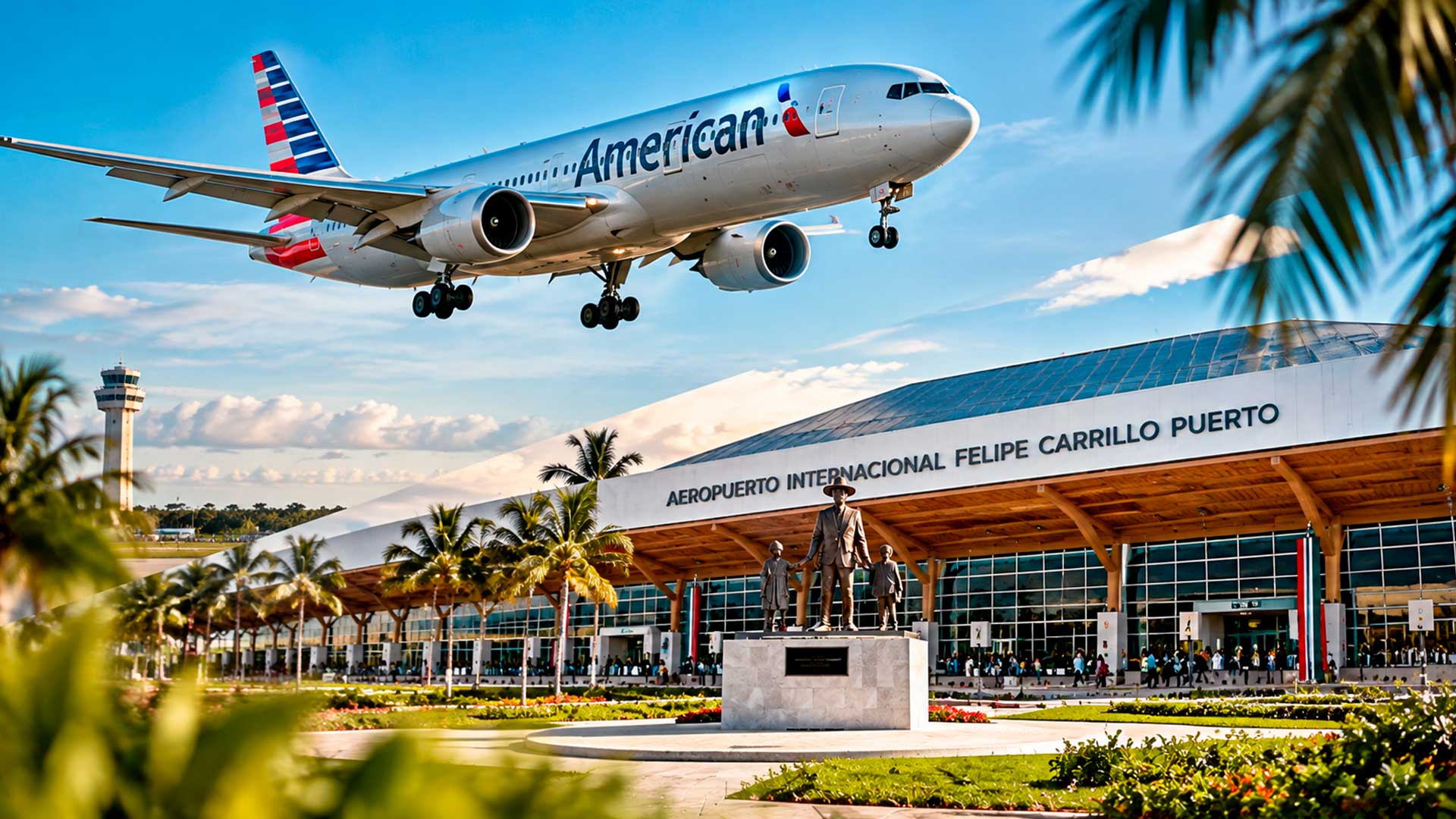 Avión de American Airlines sobre instalaciones aeroportuarias, con vegetación en primer plano