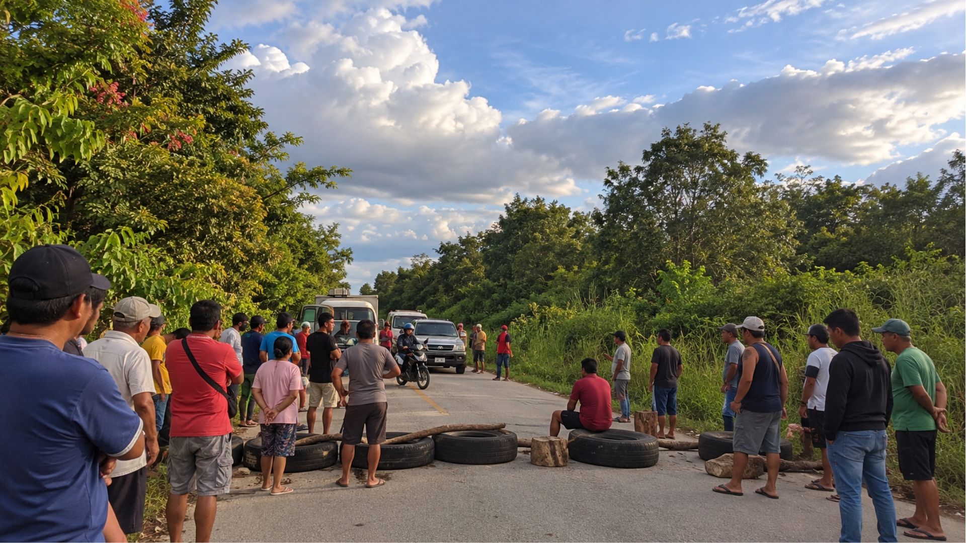 Grupo de personas reunidas en una carretera rural, con llantas y troncos colocados sobre el asfalto para impedir el paso