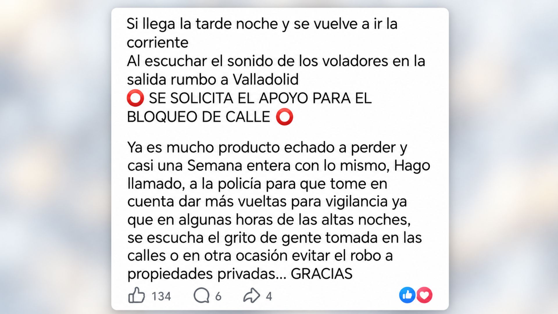 Imagen de un mensaje comunitario que solicita apoyo para un posible bloqueo de carretera por los apagones en Tihosuco
