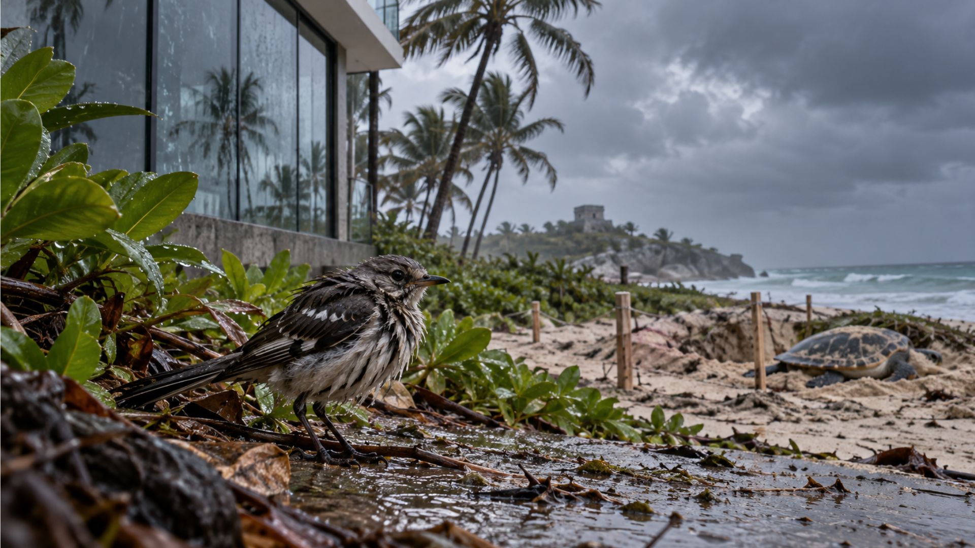 Ave con el plumaje mojado sobre el suelo, cerca de una tortuga marina en una playa de Tulum, en una escena ilustrativa de lluvia