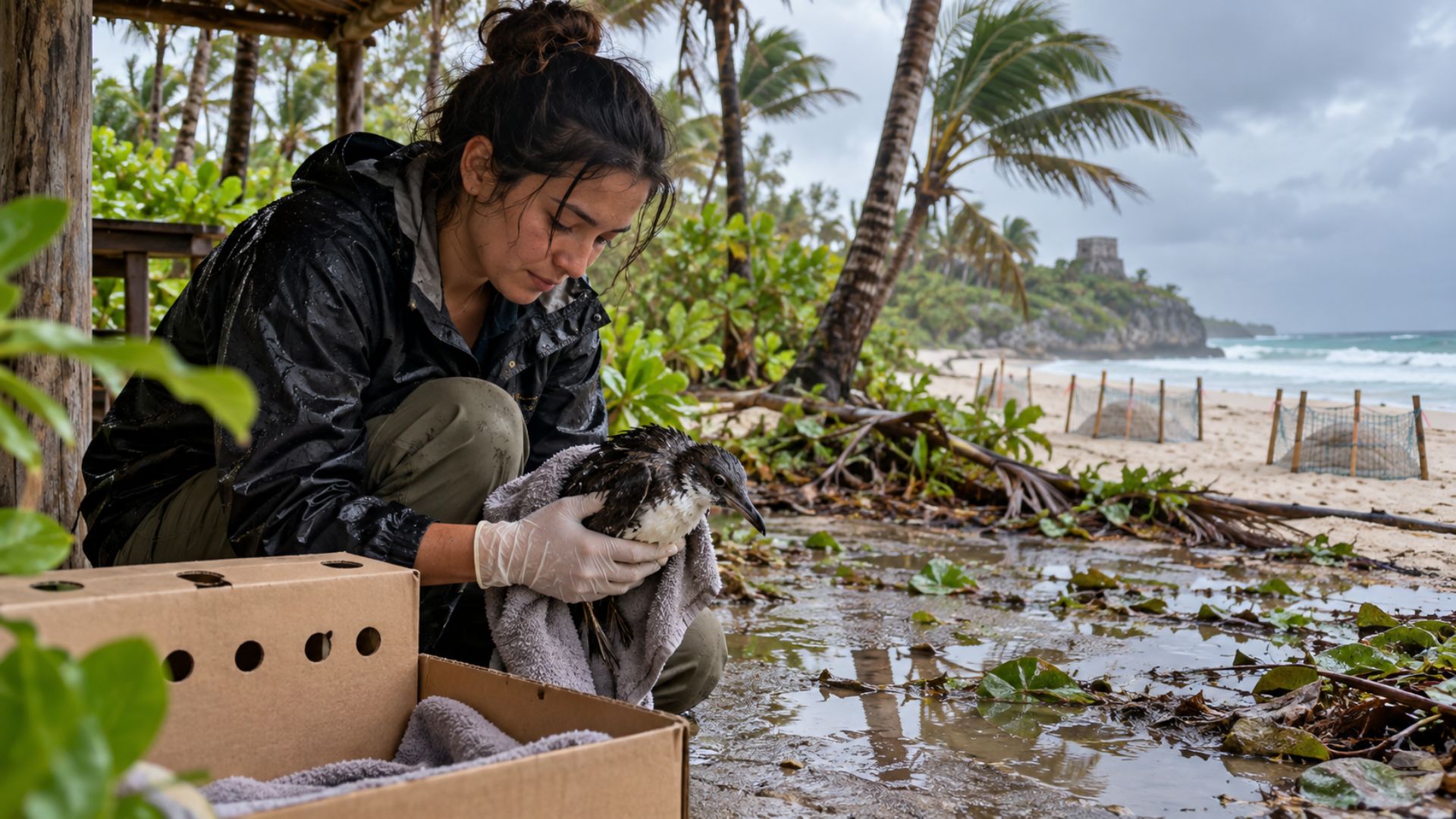 Mujer con guantes sostiene cuidadosamente un ave mojada junto a una caja de rescate, en una escena ilustrativa de Tulum