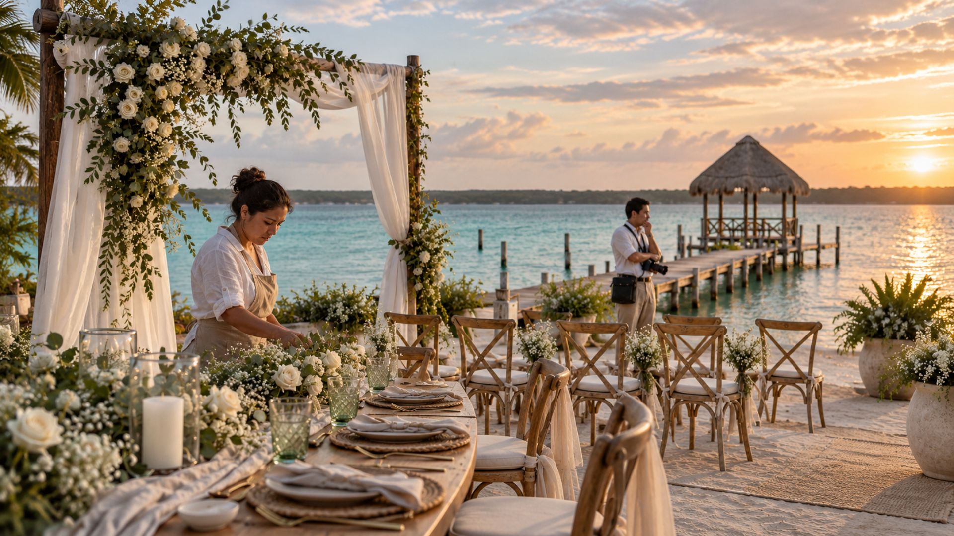 Montaje de una boda destino en Bacalar, con una florista y un fotógrafo junto a la laguna, en una imagen ilustrativa del turismo de romance.