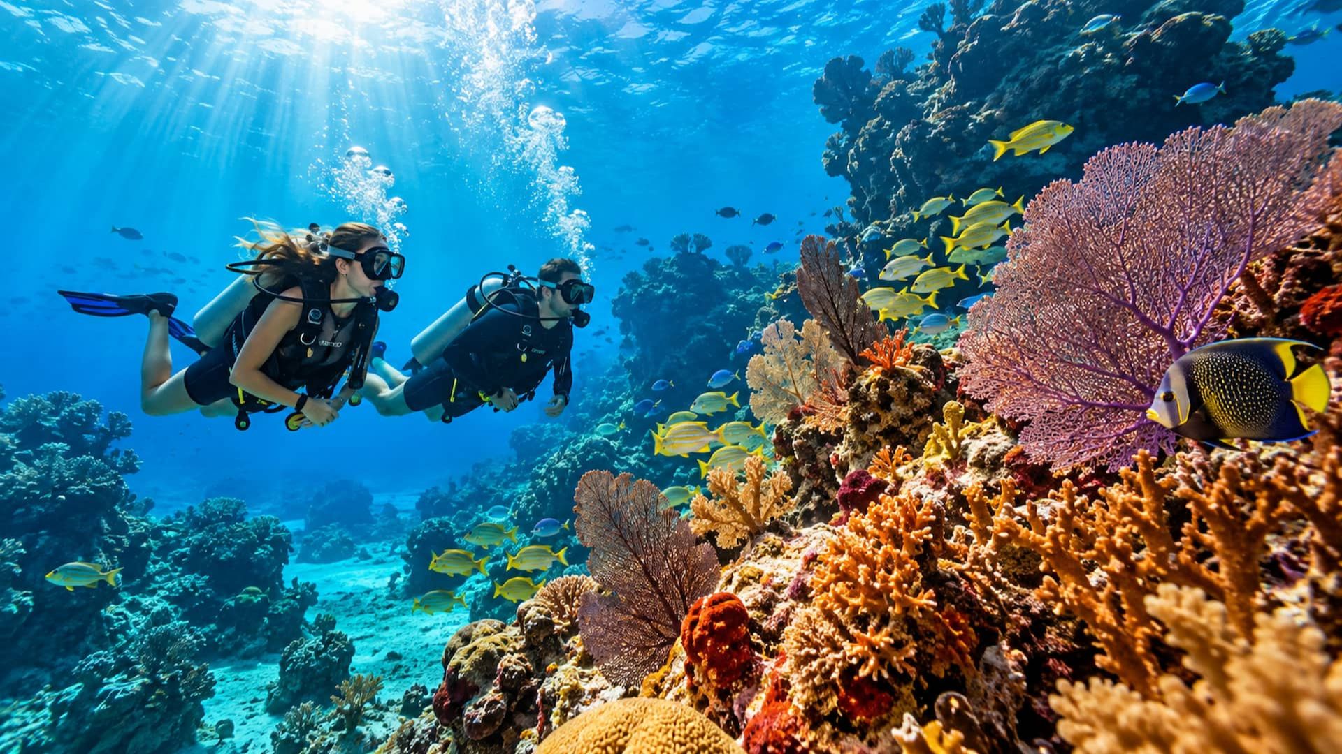 Dos buzos exploran un arrecife de coral rodeado de peces tropicales en aguas cristalinas, en una imagen ilustrativa de Cozumel