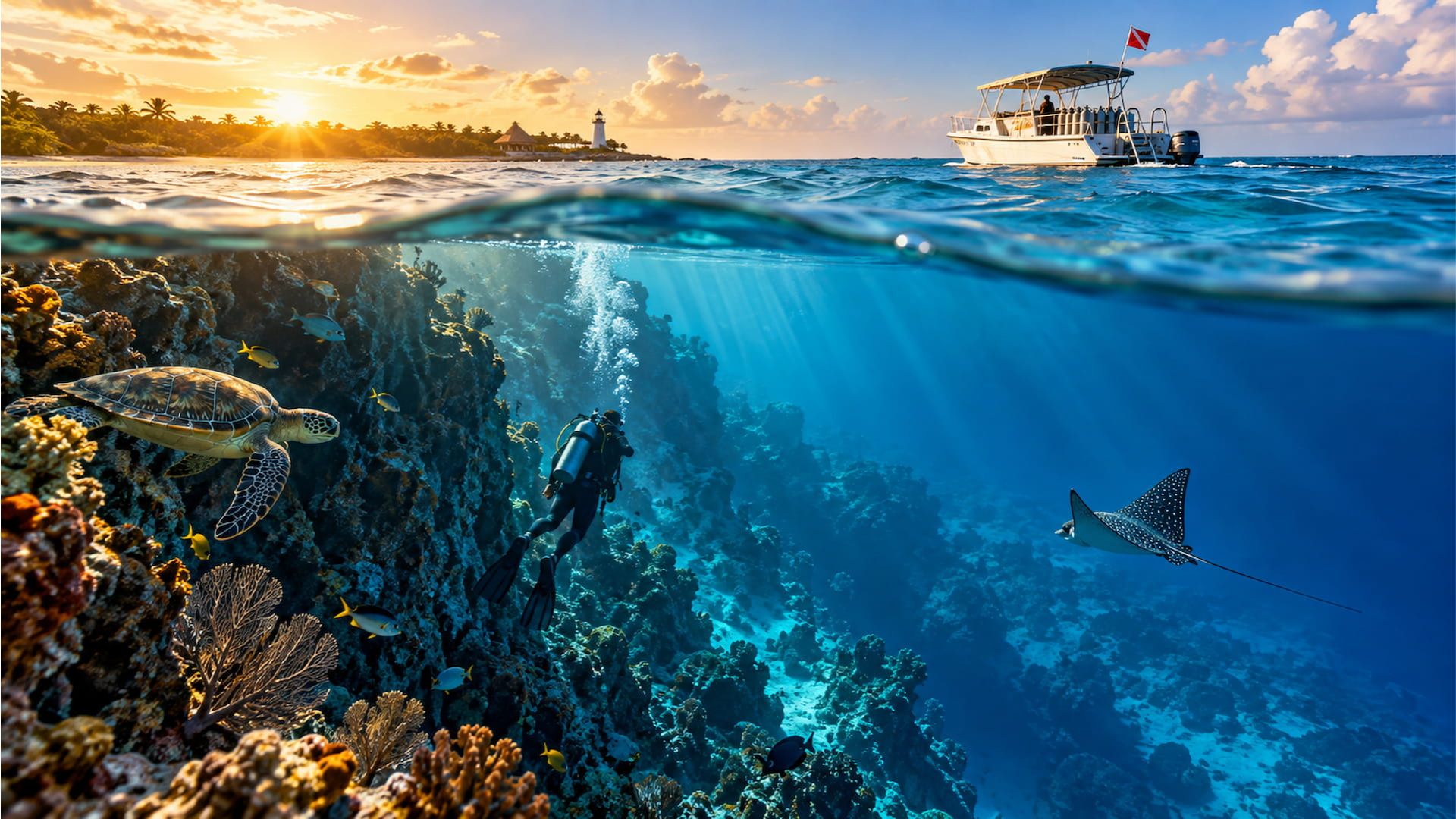 Imagen ilustrativa de un buzo junto a un arrecife, una tortuga marina y una raya, con una embarcación en la superficie del mar