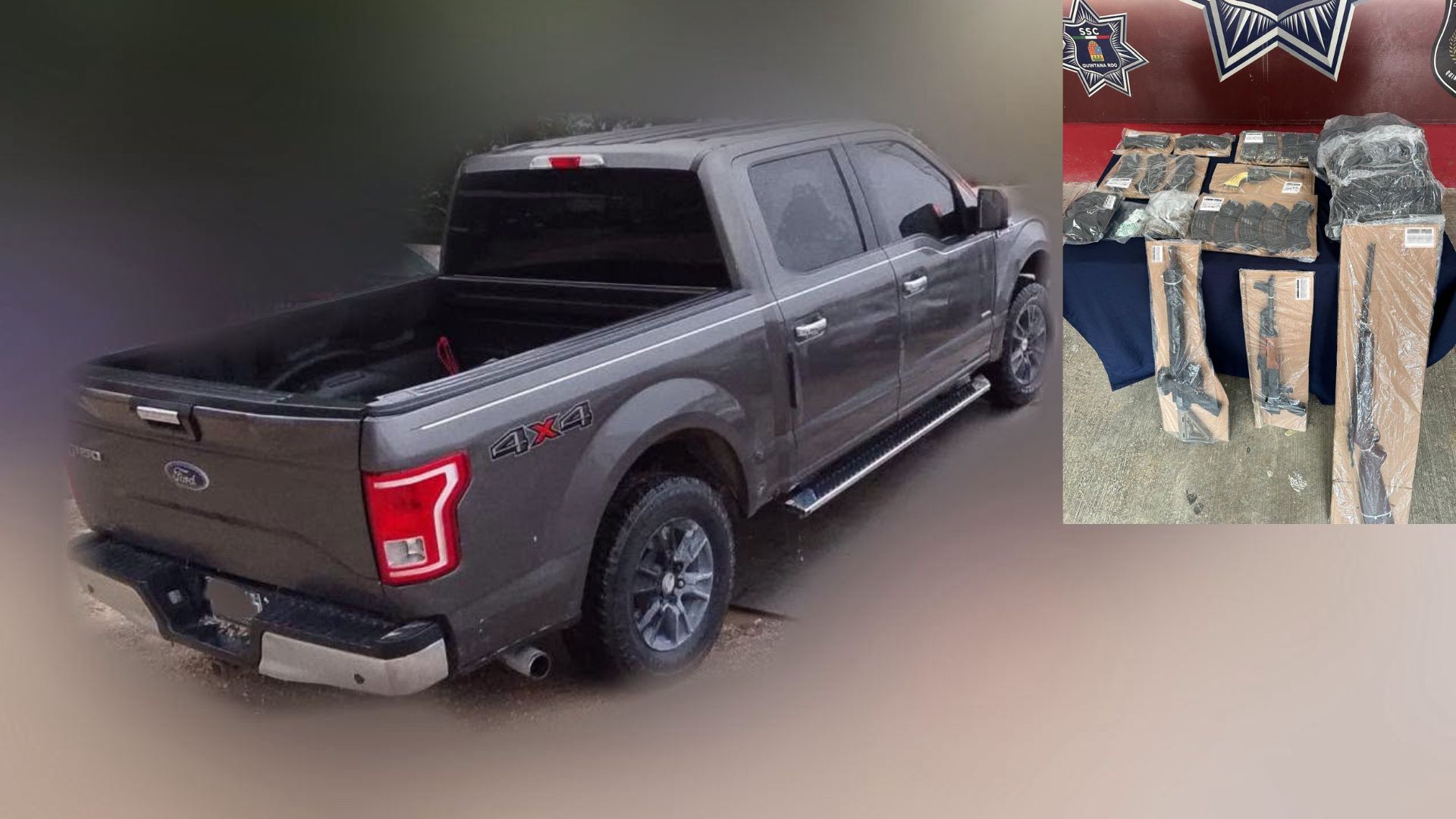 Junto con el arsenal, una camioneta Ford F-150 gris figura entre los vehículos asegurados durante una investigación de las autoridades de Quintana Roo.