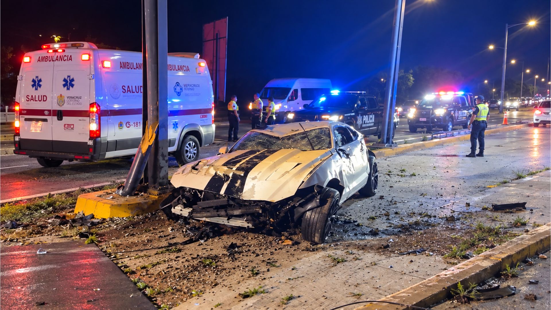 Mustang blanco con el frente destruido junto a una estructura metálica en el filtro policial de Playa del Carmen
