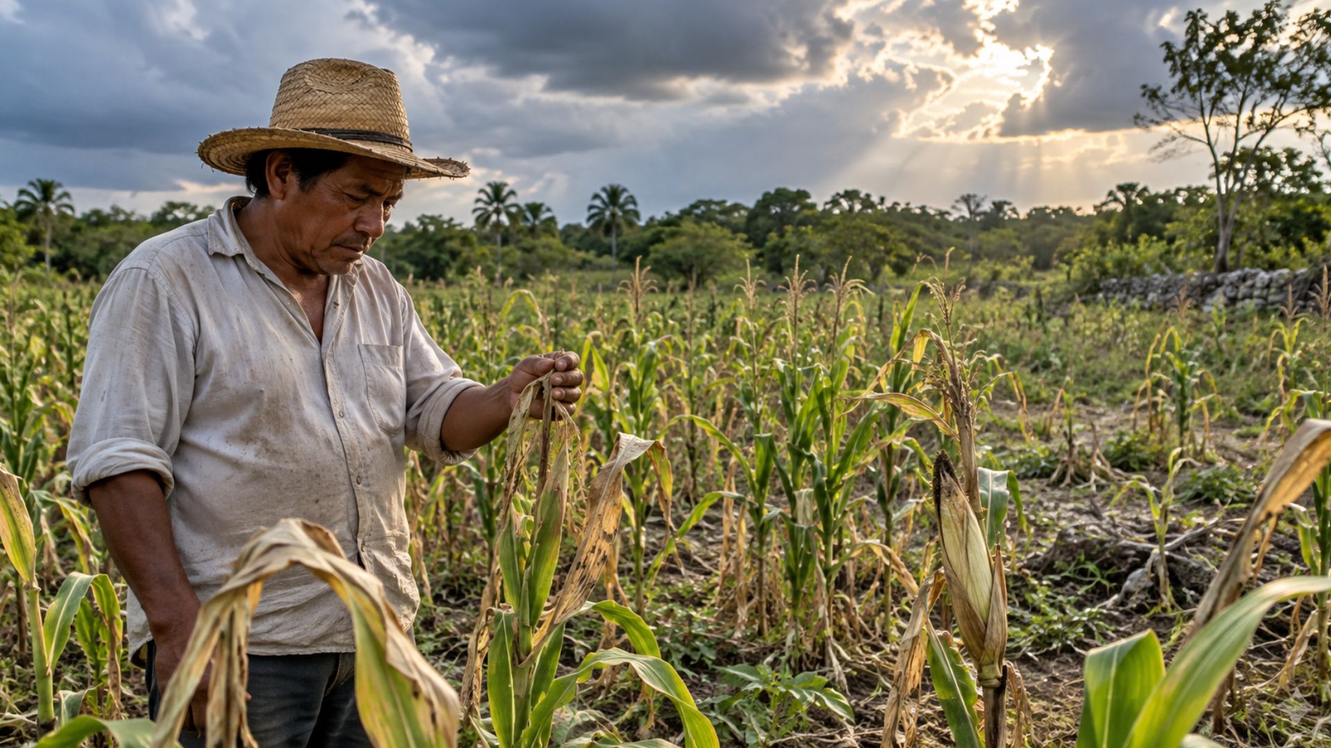 Campesino revisa una milpa de maíz junto a cosechas de naranja, plátano, sandía y achiote