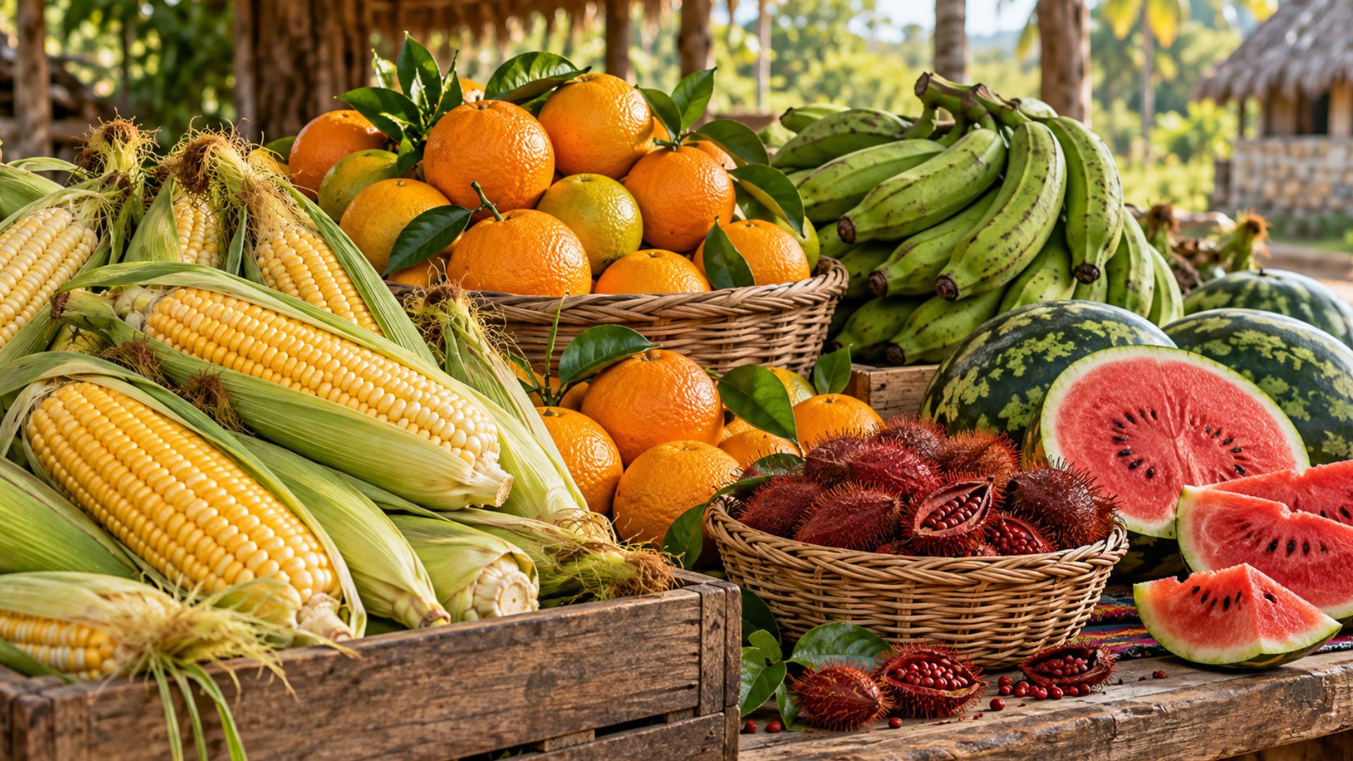 Imagen ilustrativa de la actividad agrícola en José María Morelos, Quintana Roo. La composición muestra a un campesino revisando plantas de maíz, acompañado de productos como naranjas, plátanos, sandías y achiote, que representan la diversidad de cultivos del municipio. La escena ilustra la preocupación de los productores ante una posible nueva mala cosecha de maíz.