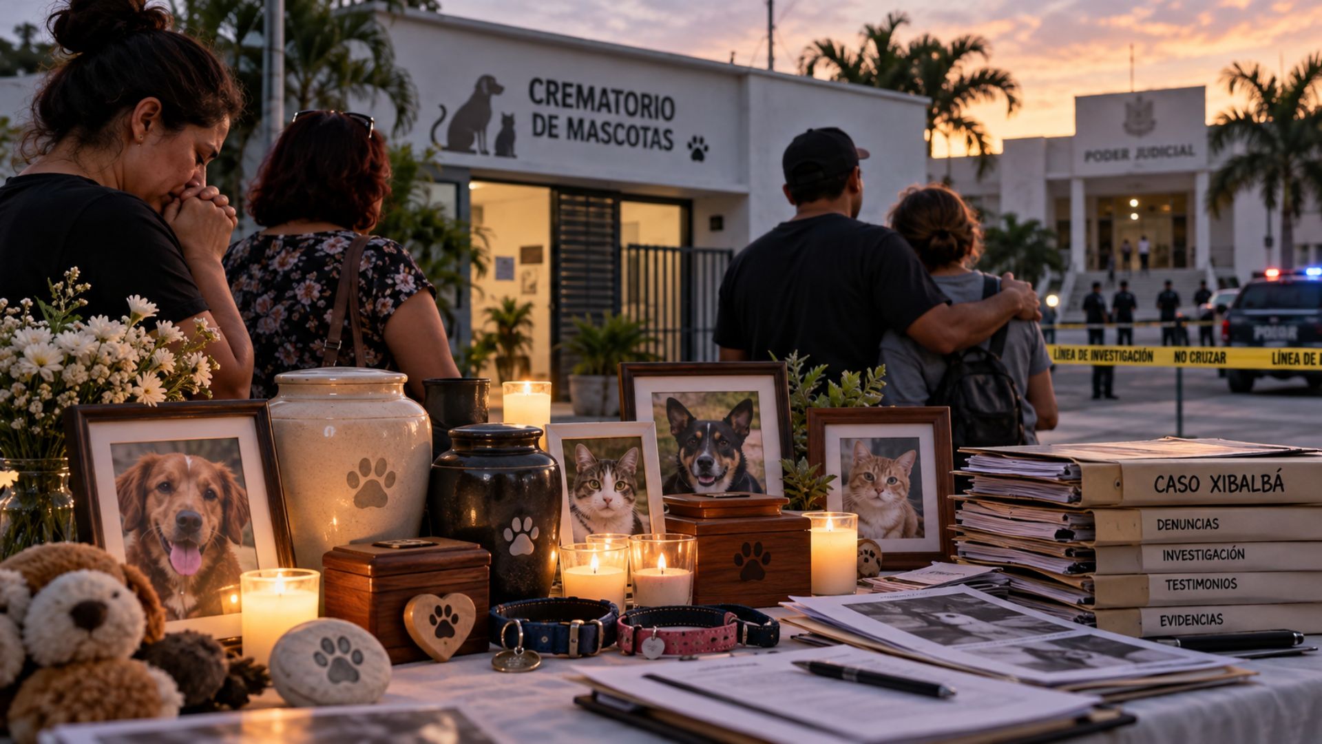 Imagen ilustrativa de familias que reclaman justicia por sus mascotas, con urnas, fotografías de perros y gatos y expedientes del caso Xibalbá en Chetumal.