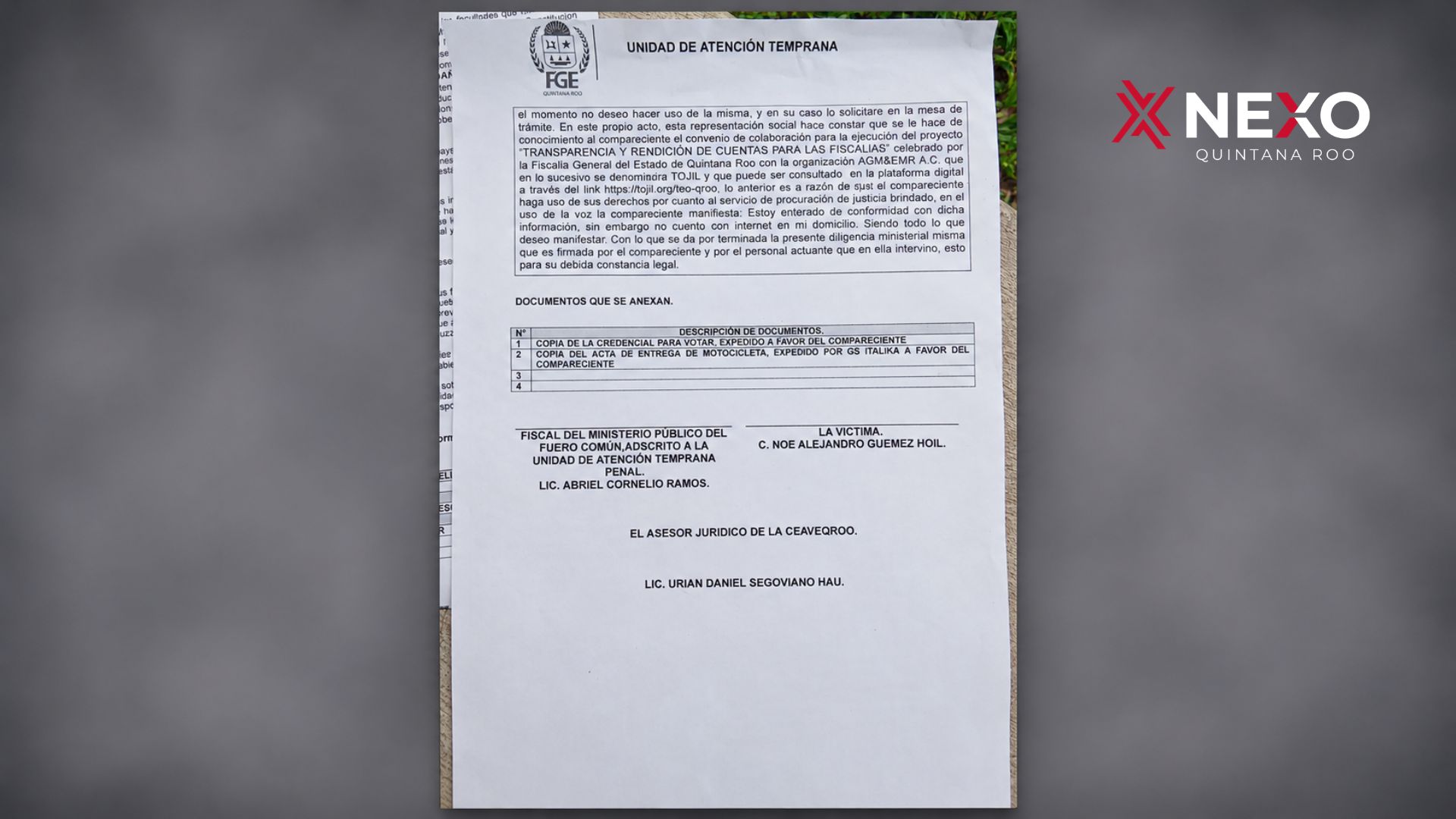 Documento de la denuncia presentada ante la Fiscalía de Quintana Roo para solicitar que se investigue el accidente que dejó lesionadas a madre e hija.