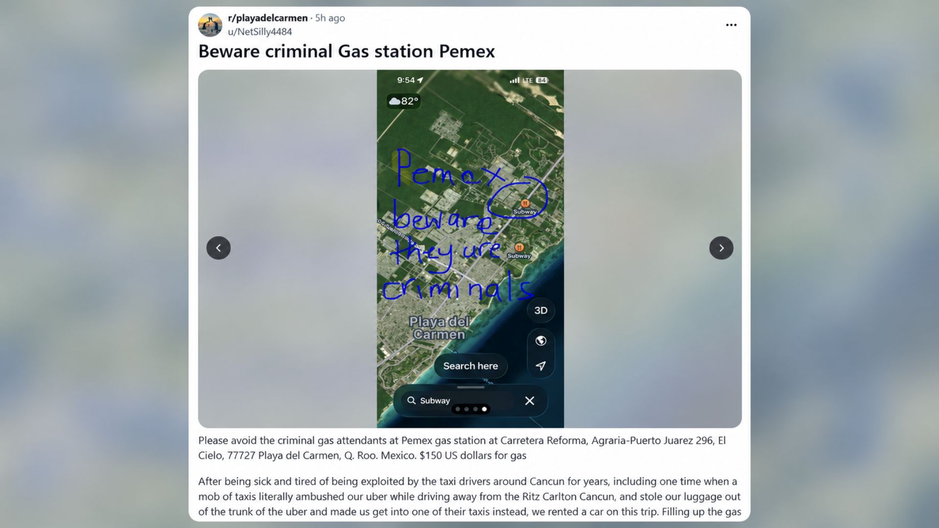 Una turista estadounidense compartió en Reddit su denuncia contra trabajadores de una gasolinera de Playa del Carmen, a quienes acusa de presunto cobro indebido e intimidación.