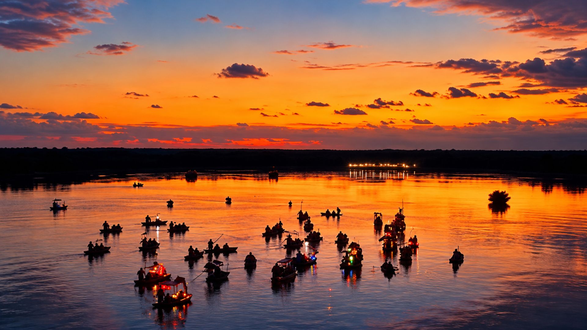 Decenas de embarcaciones iluminadas destacan sobre el agua al caer la tarde, bajo un cielo de intensos tonos naranjas y rojizos.