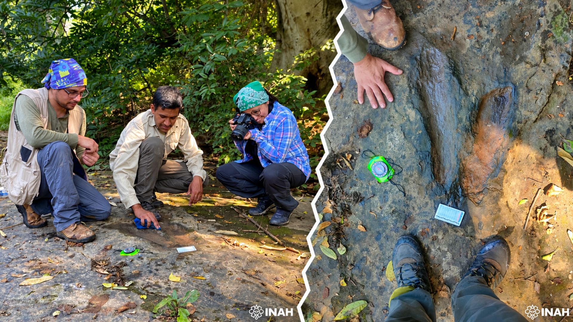 Especialistas documentan el hallazgo de huellas de dinosaurios en Apatzingán, Michoacán. A la derecha, una de las pisadas fosilizadas. Foto: INAH.
