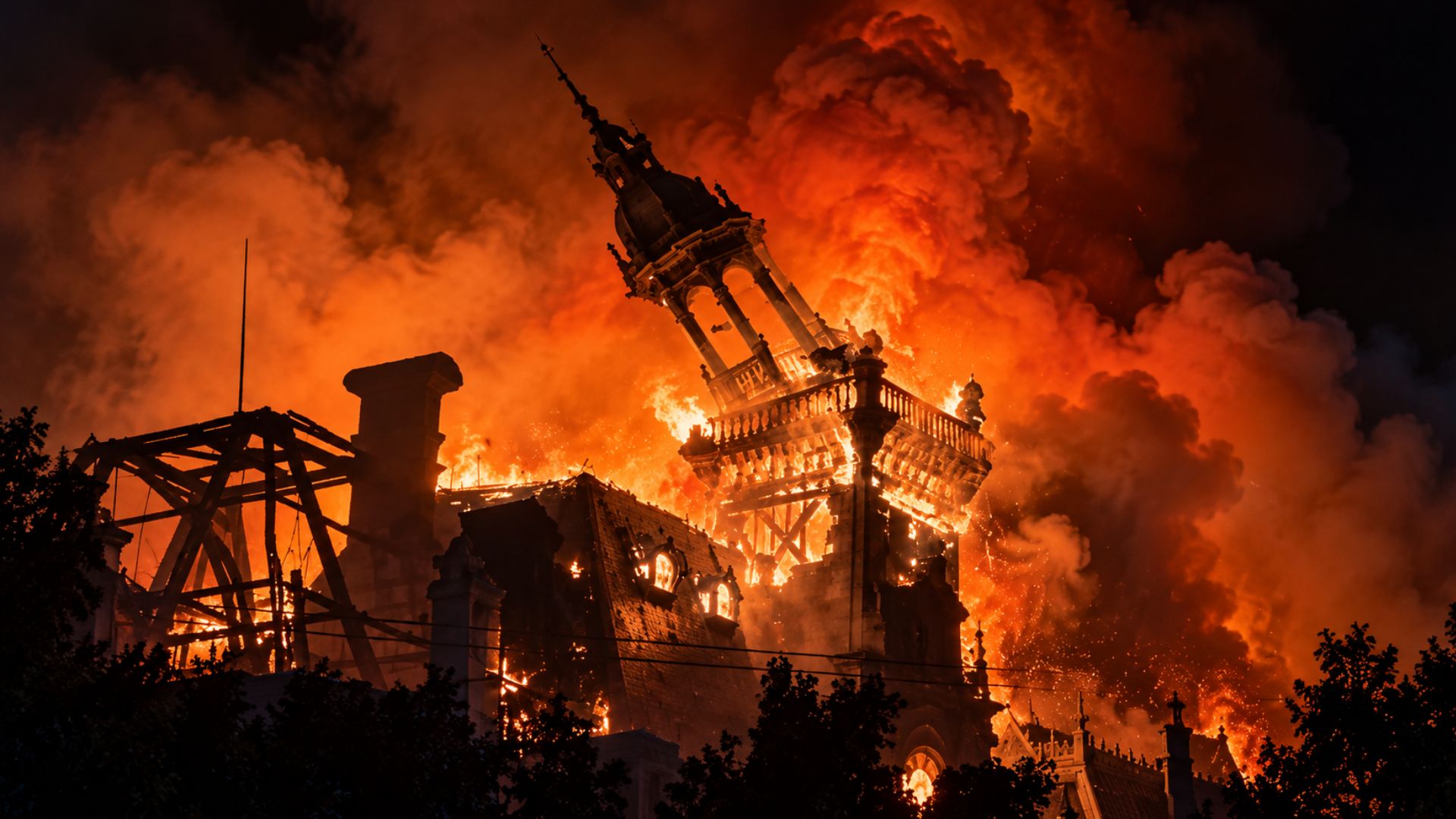 Recreación del incendio en Limoges, Francia, con el campanario del Ayuntamiento desplomándose entre llamas y humo.