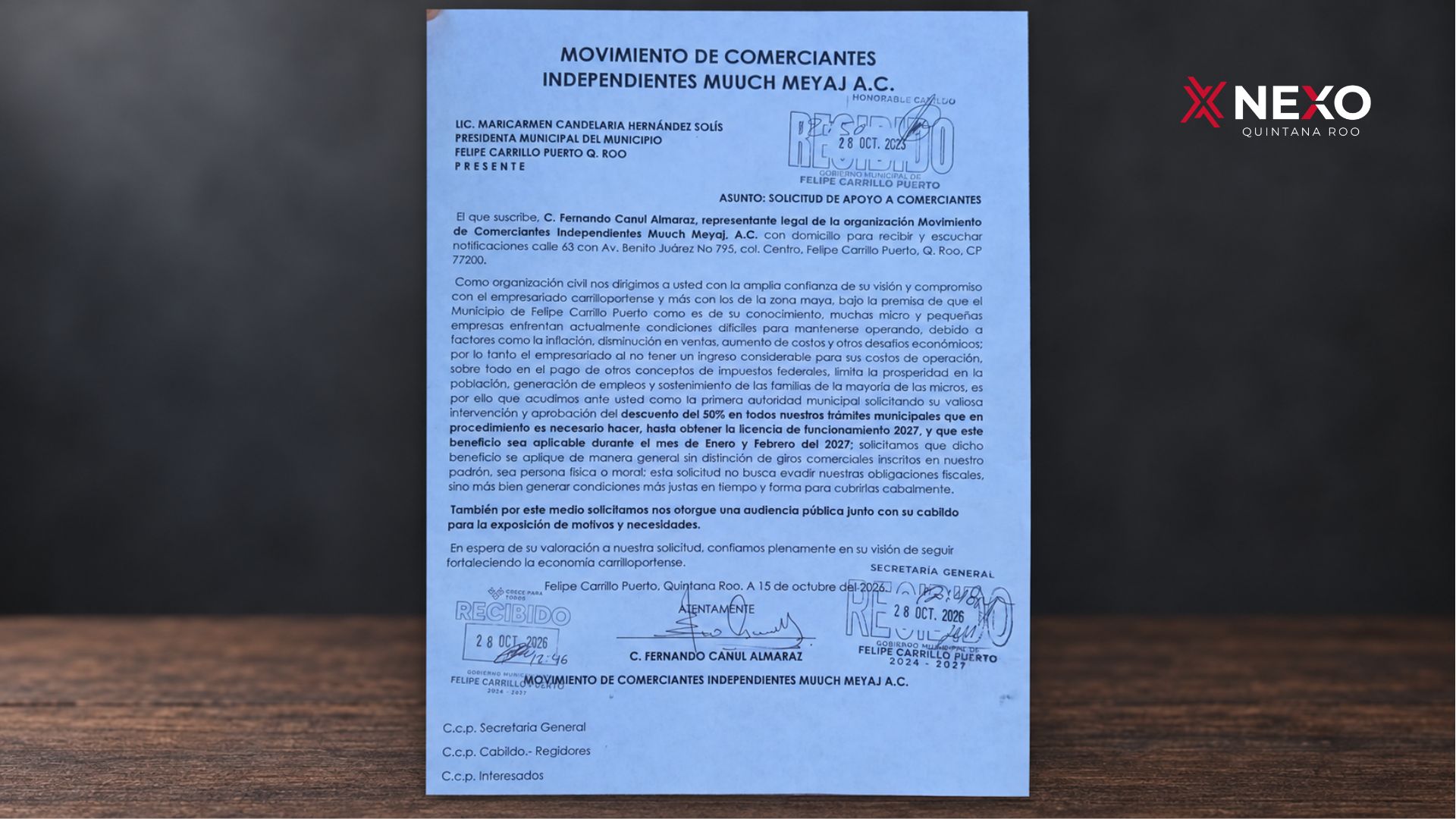 El Ayuntamiento de Felipe Carrillo Puerto recibió el 28 de octubre la solicitud de Muuch Meyaj para aplicar un descuento del 50% en trámites municipales durante enero y febrero de 2027.