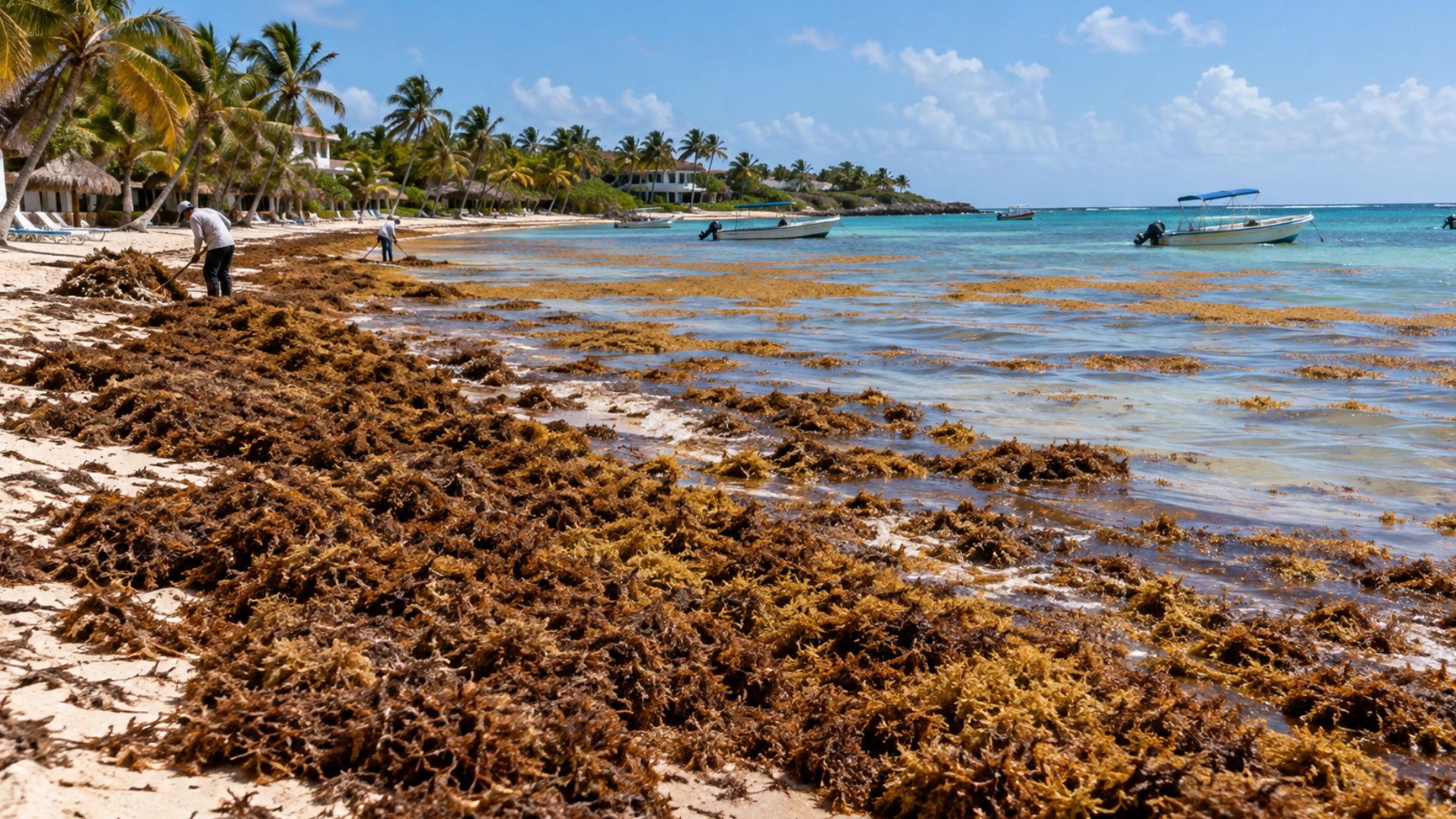 Trabajadores retiran grandes acumulaciones de sargazo en una playa de Akumal, mientras embarcaciones permanecen frente a la costa.