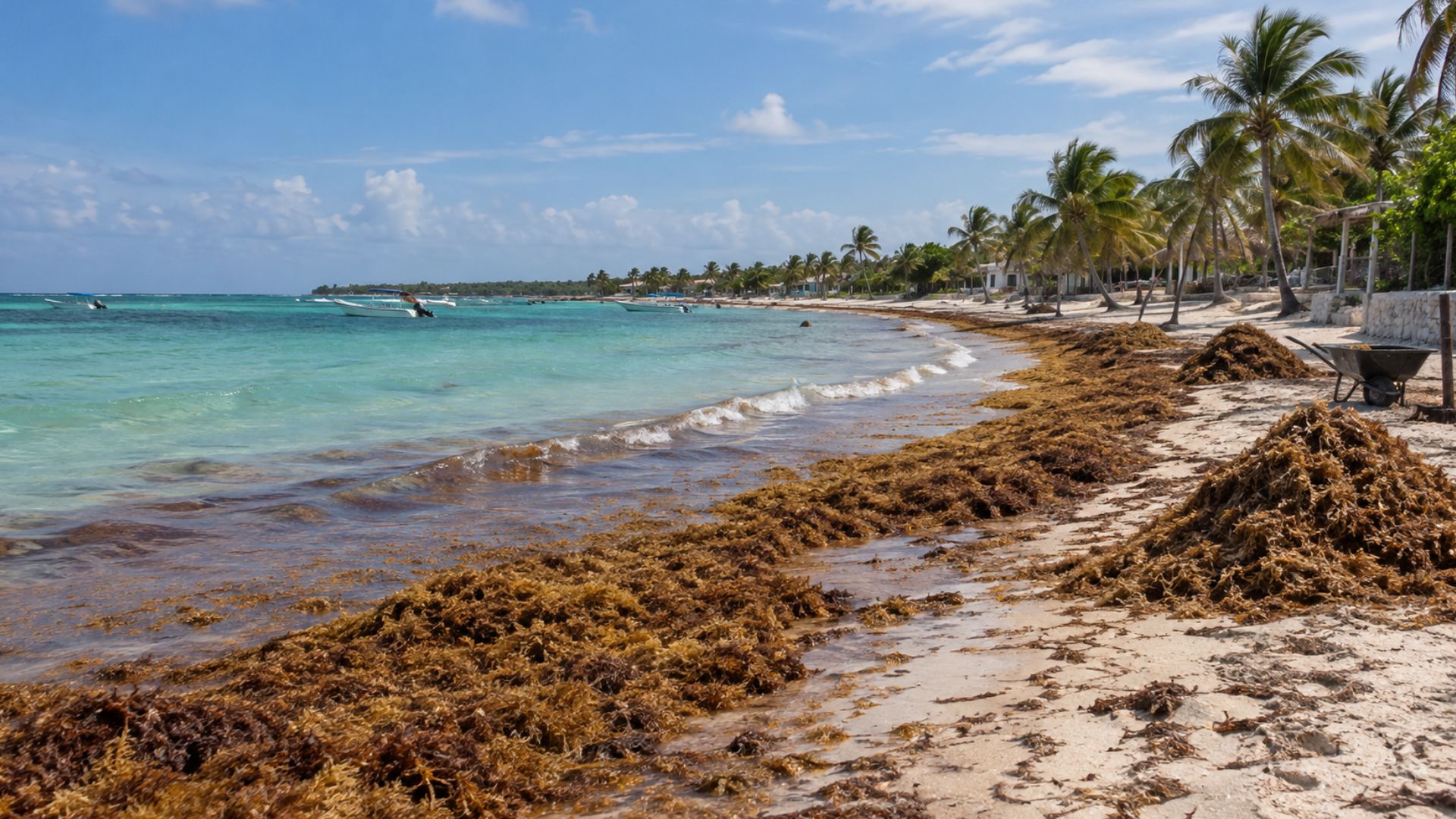Acumulaciones de sargazo sobre la arena y la orilla del mar en una playa tropical, imagen ilustrativa del recale en Akumal.