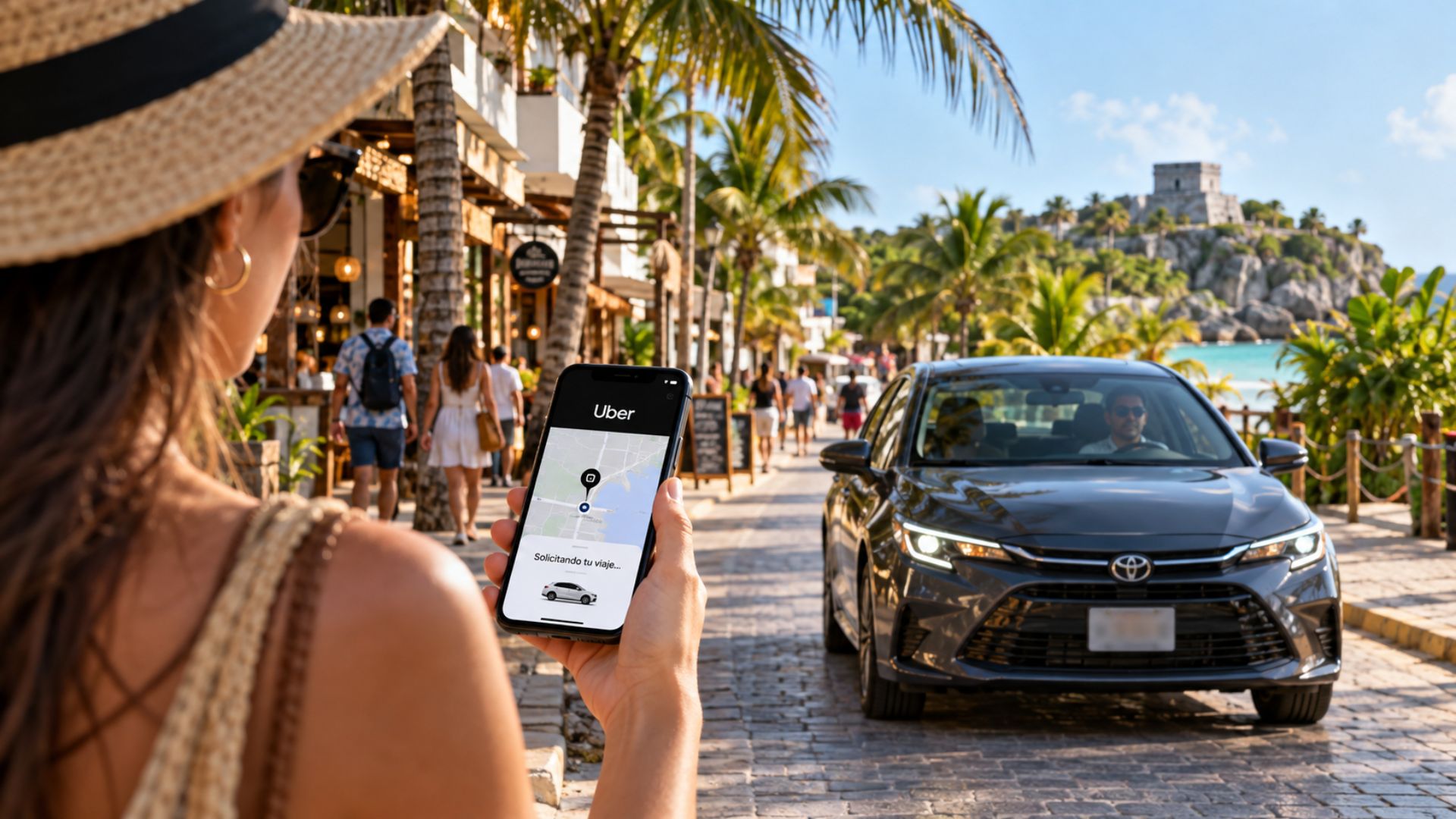 Usuario solicita un viaje por app mientras un vehículo de Uber llega en una zona turística de la Riviera Maya