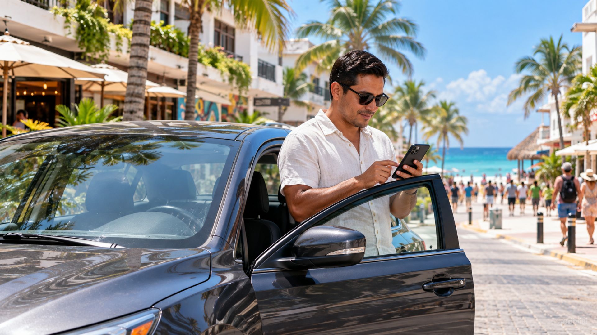 Conductor junto a un automóvil oscuro consulta su celular en una calle turística de Playa del Carmen, imagen ilustrativa de Uber.