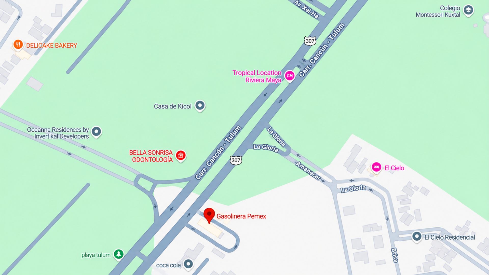 Mapa de referencia de una estación Pemex sobre la carretera federal 307 en Playa del Carmen, señalada en una denuncia difundida por turistas estadounidenses.